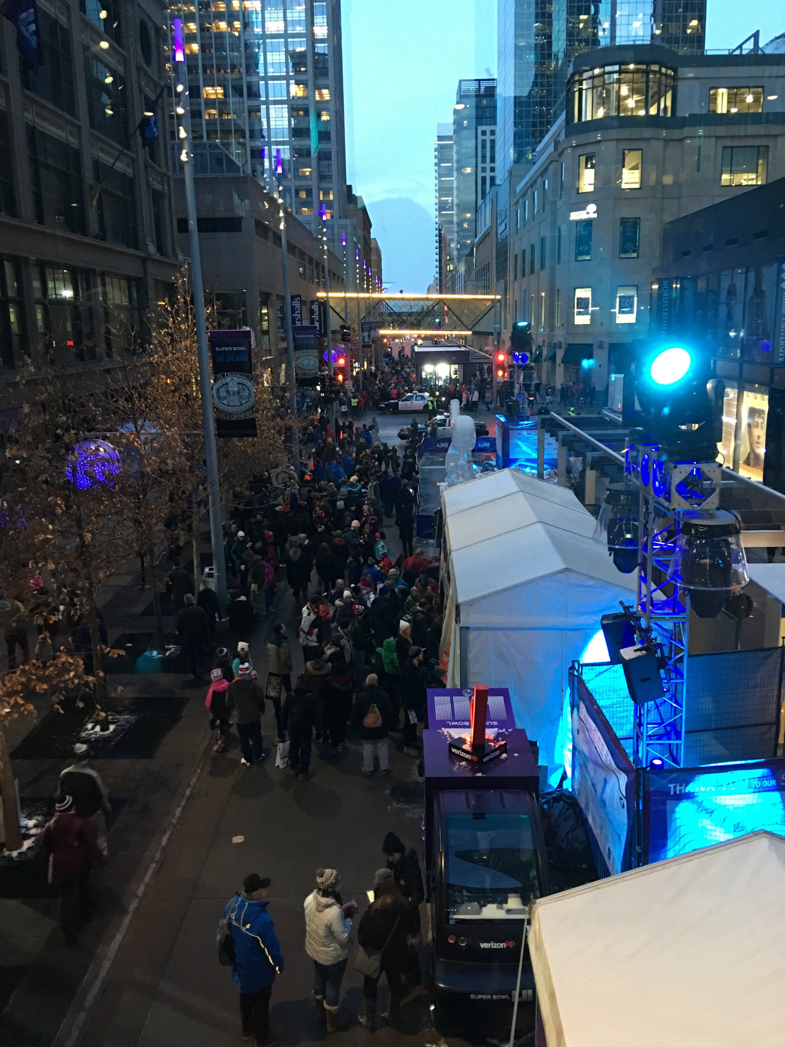 Nicollet Mall where the live concerts were held on a Wednesday night before the Super Bowl