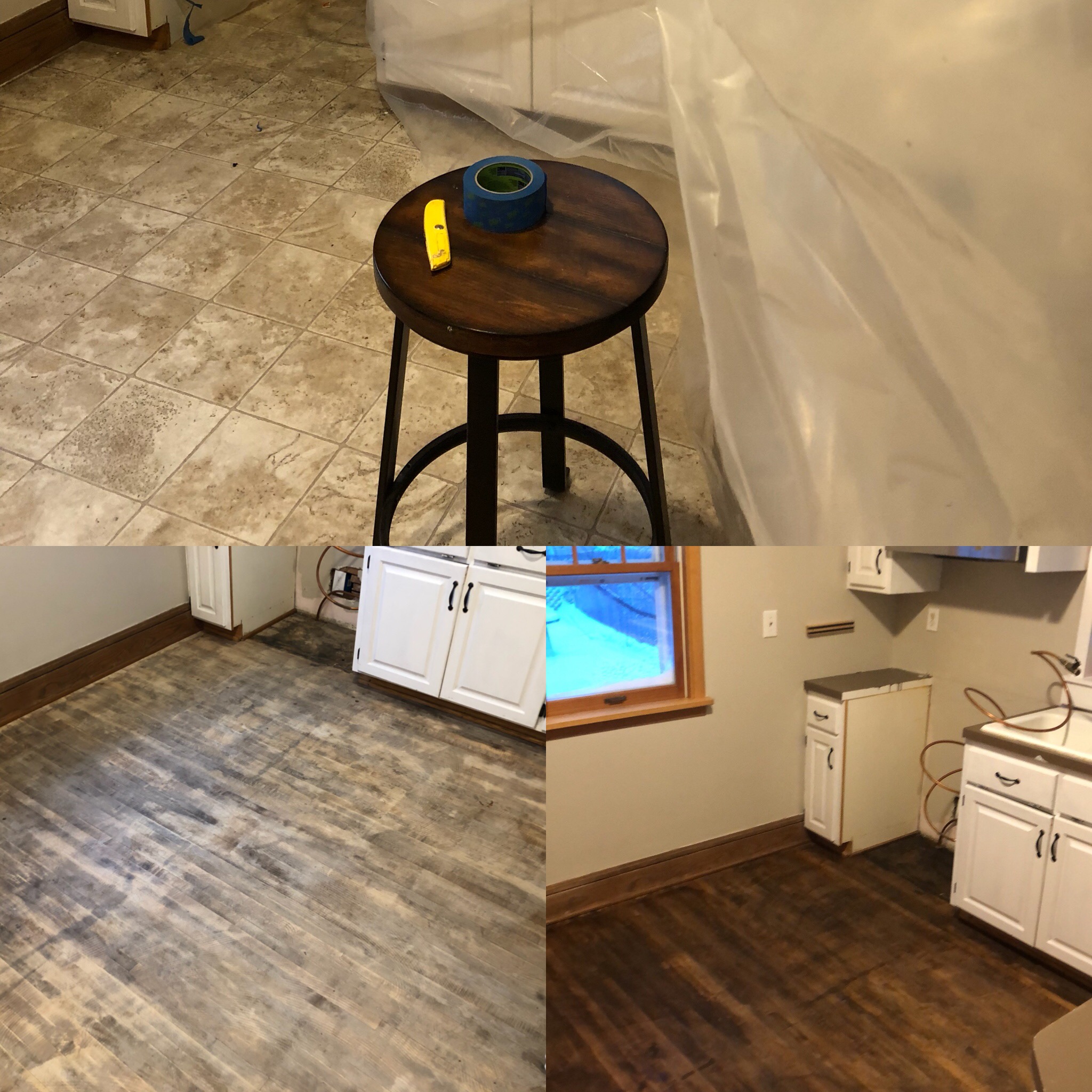 Kitchen floor montage of before, during, and after the wood floors were finished.