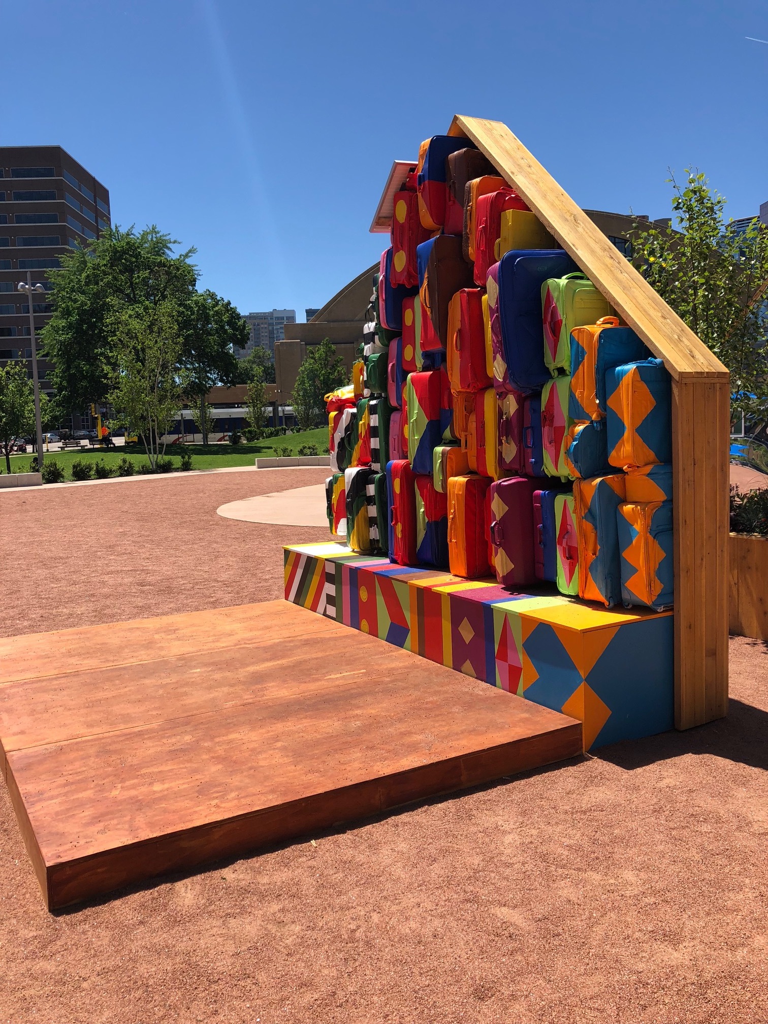 Colorful luggage side of the display with a stage in front