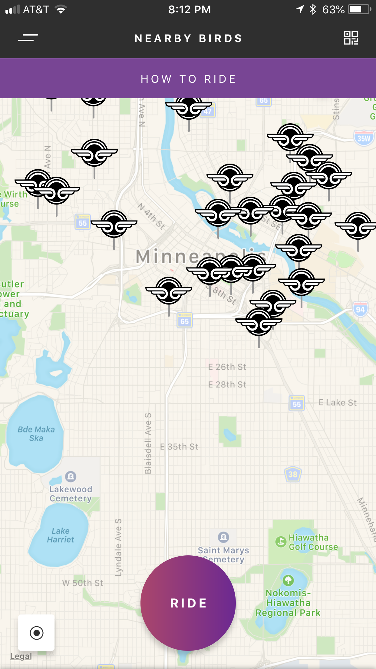A map of the Bird scooter locations in Minneapolis on a week night