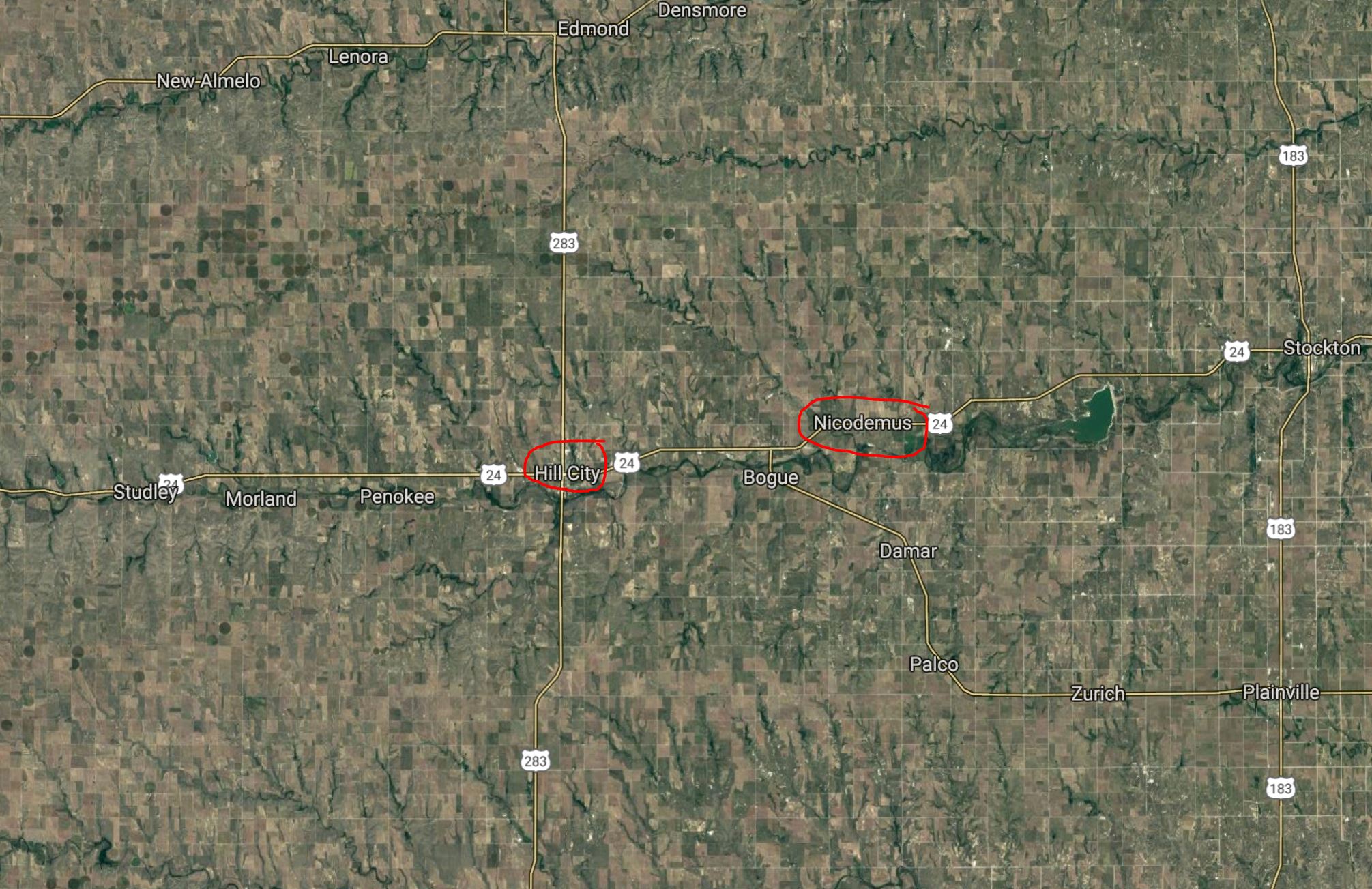 Location of both Hill City and Nicodemus in northwest Kansas (image courtesy of maps.google.com)