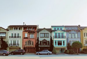 Row of three story attached houses