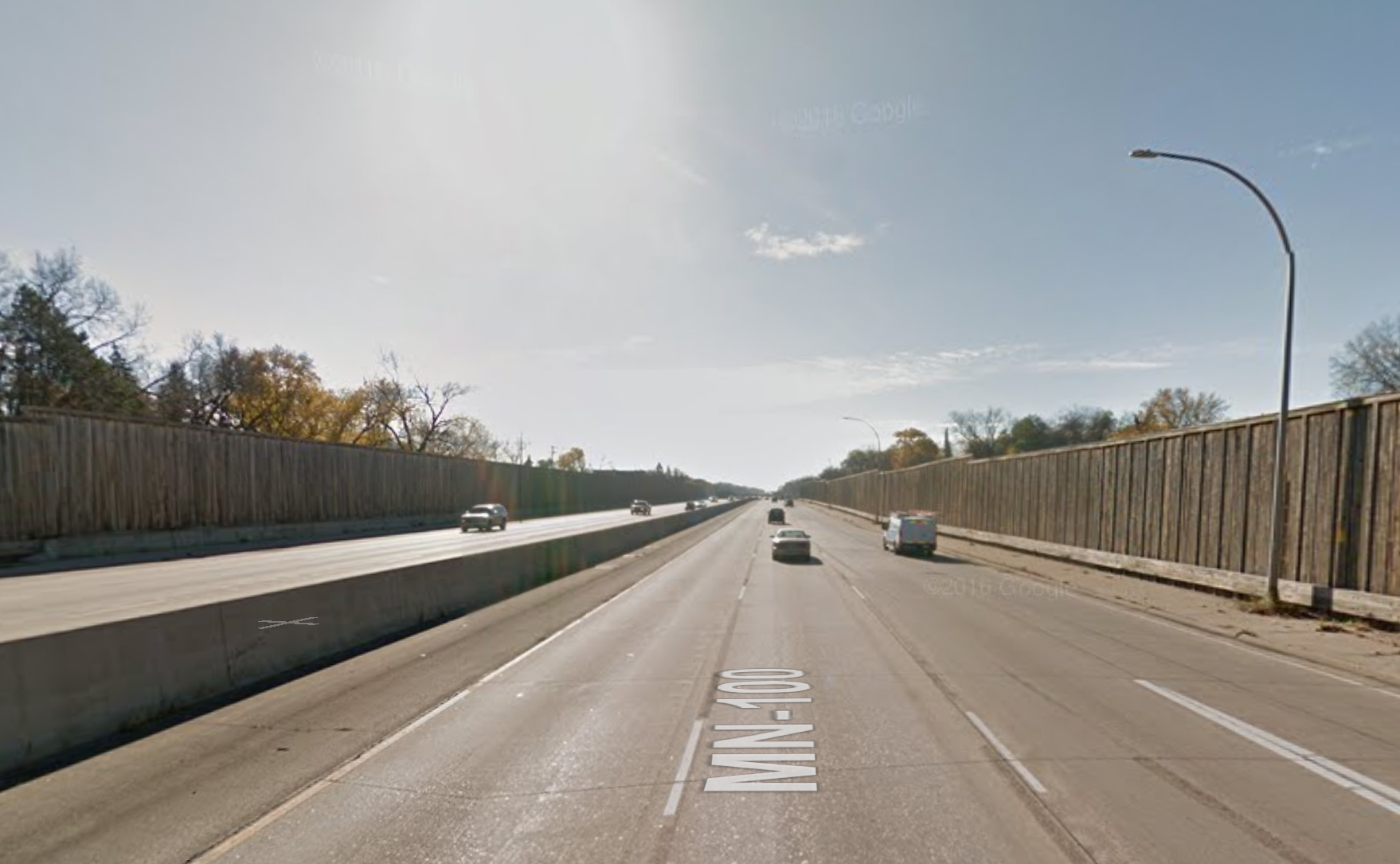 Highway 100 driving south (notice the walled in feeling) Image from maps.google.com