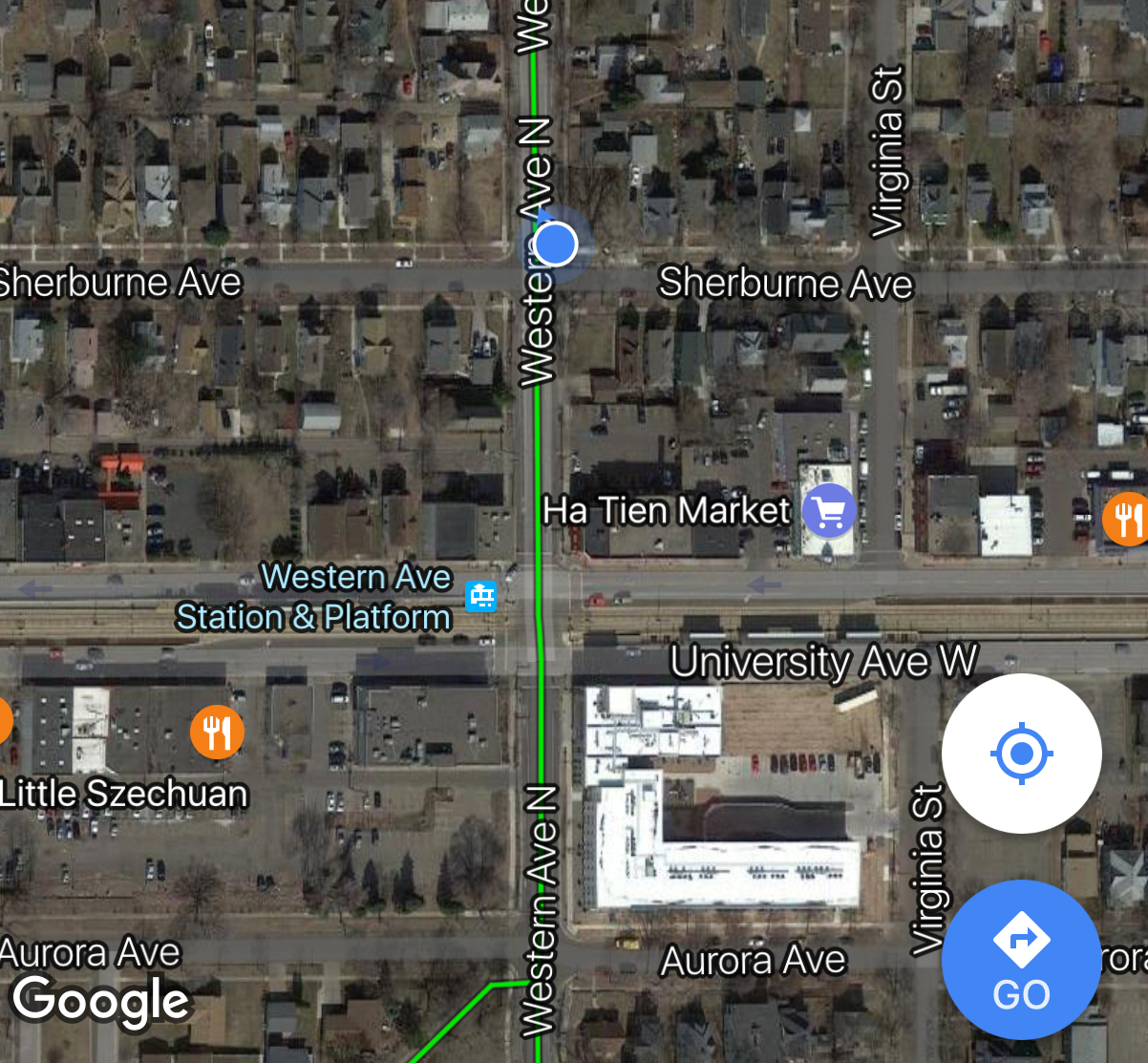 Area for the market activities. The blue dot is where the entertainment stage was and the food vendors were behind Little Szechuan.