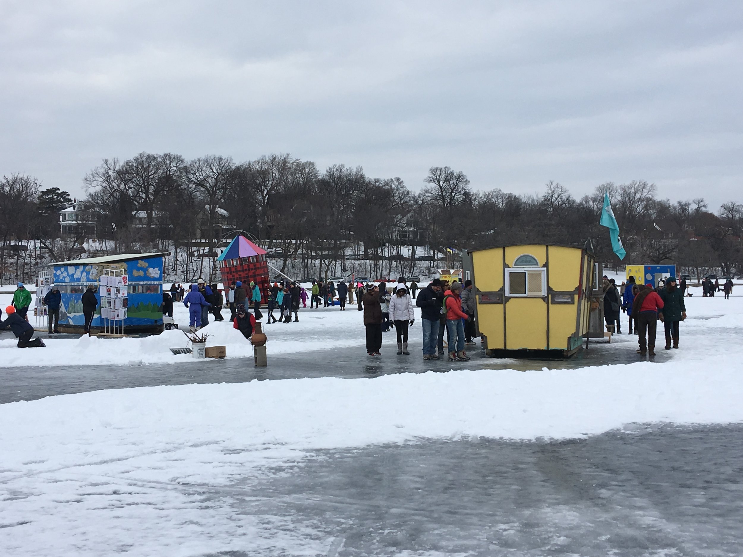 A few of the art shanty's built on Lake Harriet