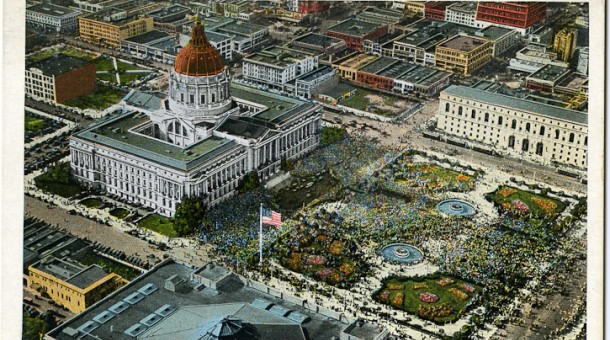 Birds eye view of the Civic Center Plaza showing adjacent neoclassical buildings (image courtesy of SF Magazine)