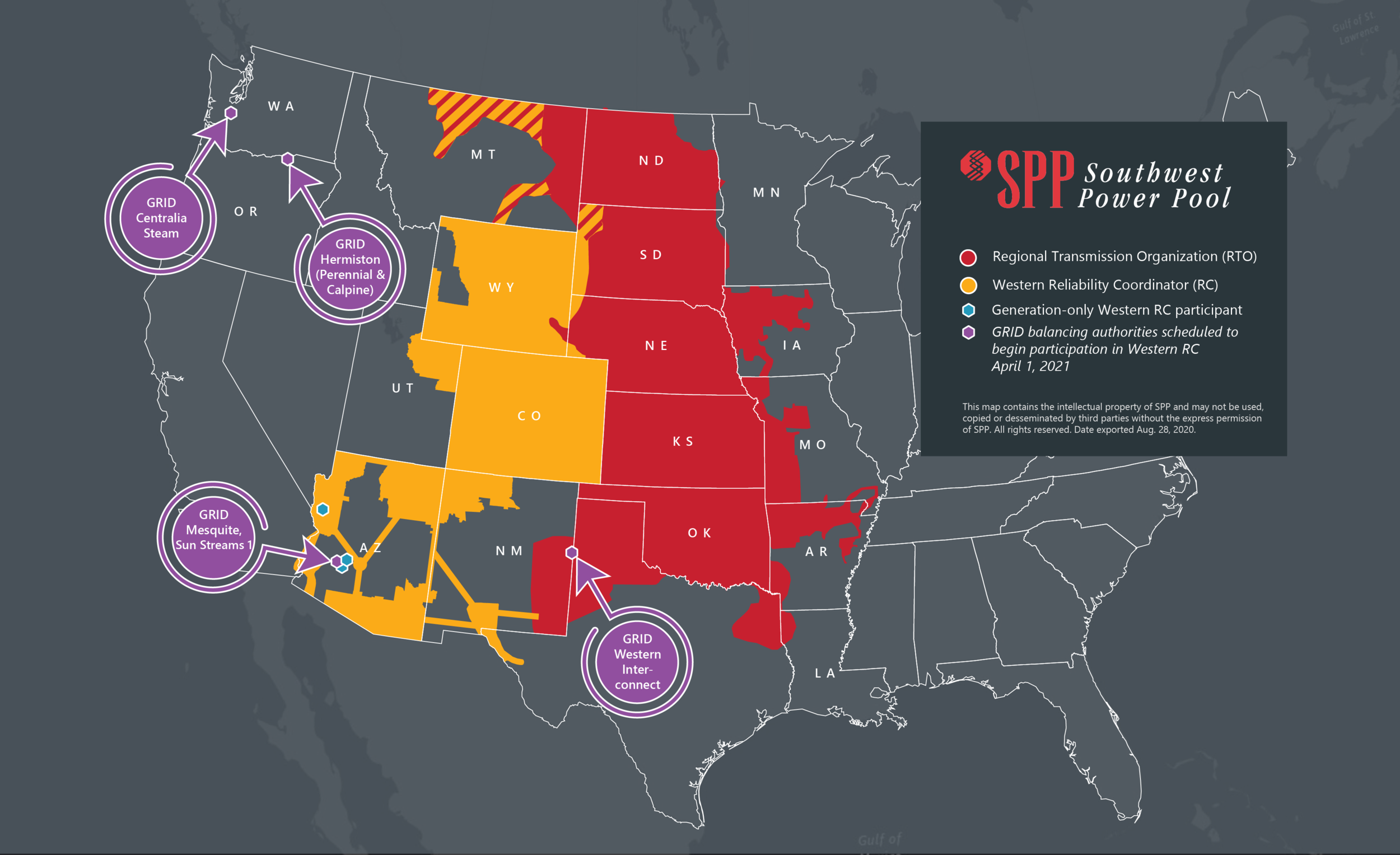 Primary coverage area of the Southwest Power Pool in Red